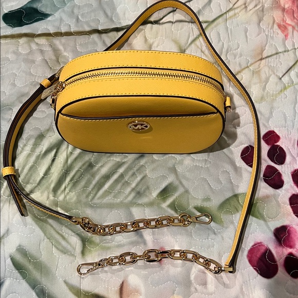 Michael Kors Yellow Leather Crossbody Bag with Chain Strap. 5”H, 7.5”W, 2.25”D. - Picture 1 of 9